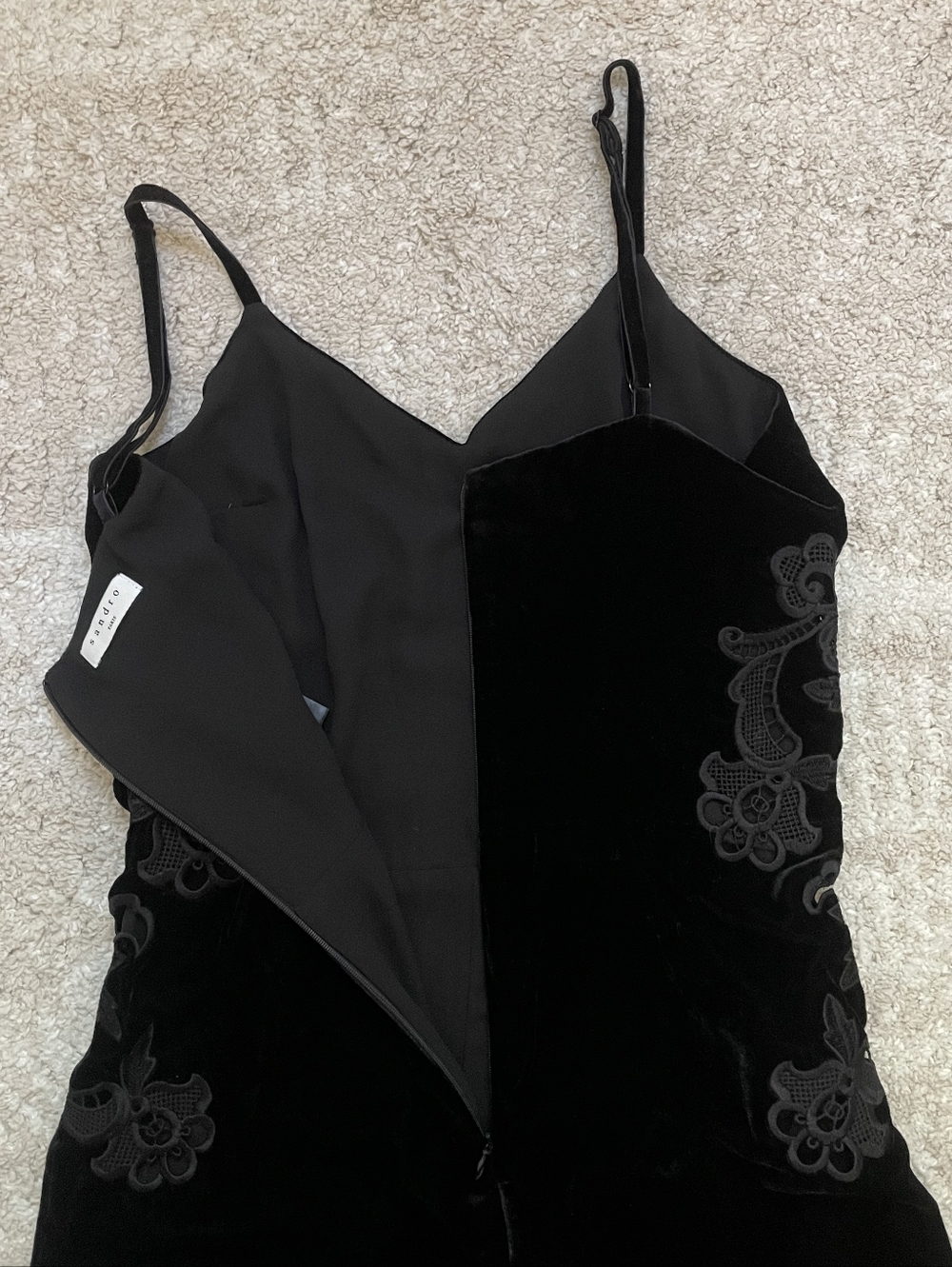 Sandro Black Velvet Sleeveless Jumpsuit with Floral Side Detail Size 6 - Picture 12 of 15